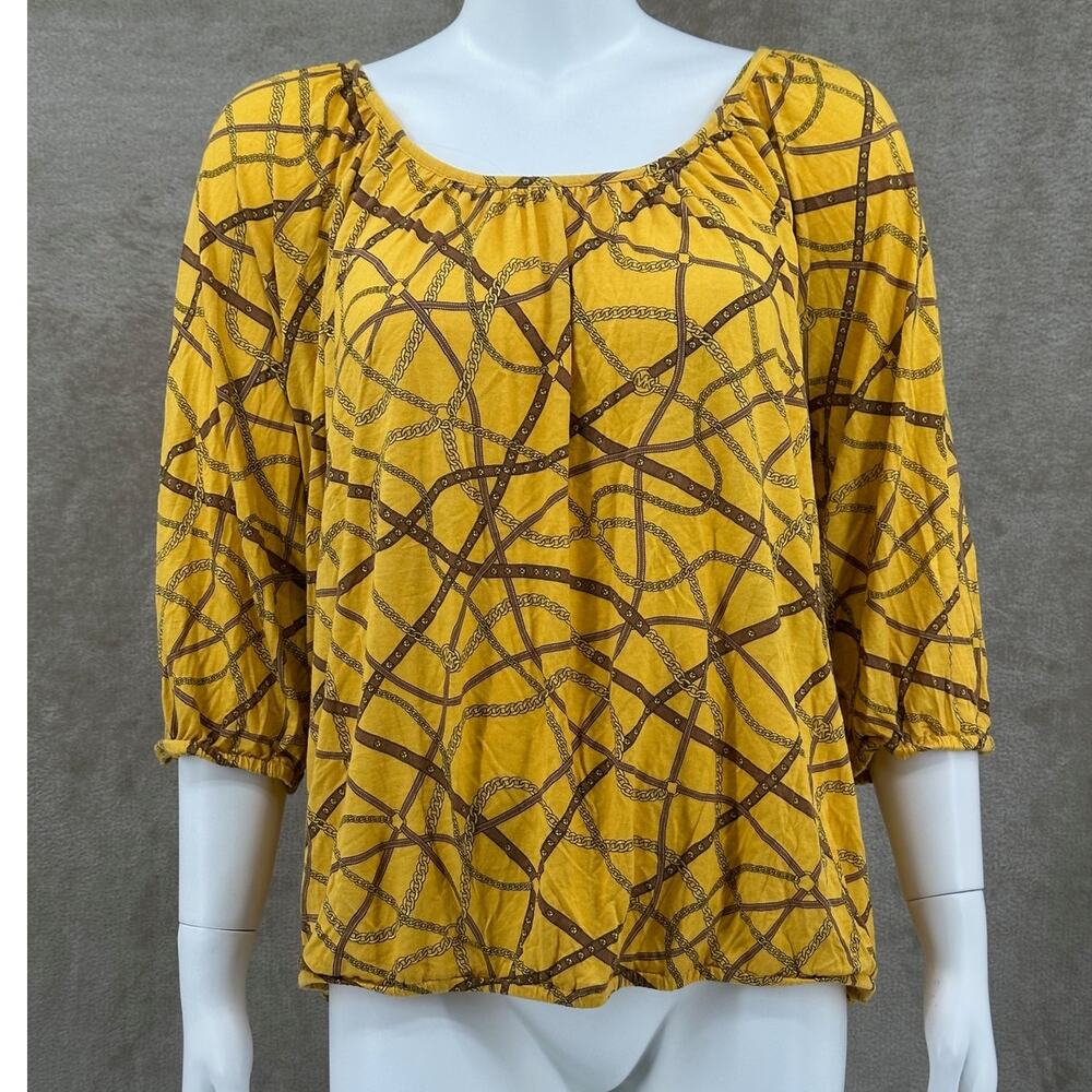 Michael Kors Top Women 2X Gold Chain Print Logo Equestrian Western Preppy Office